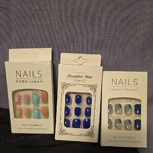 3 Sets of Beautiful Nail Blue and Tan Press On Nails